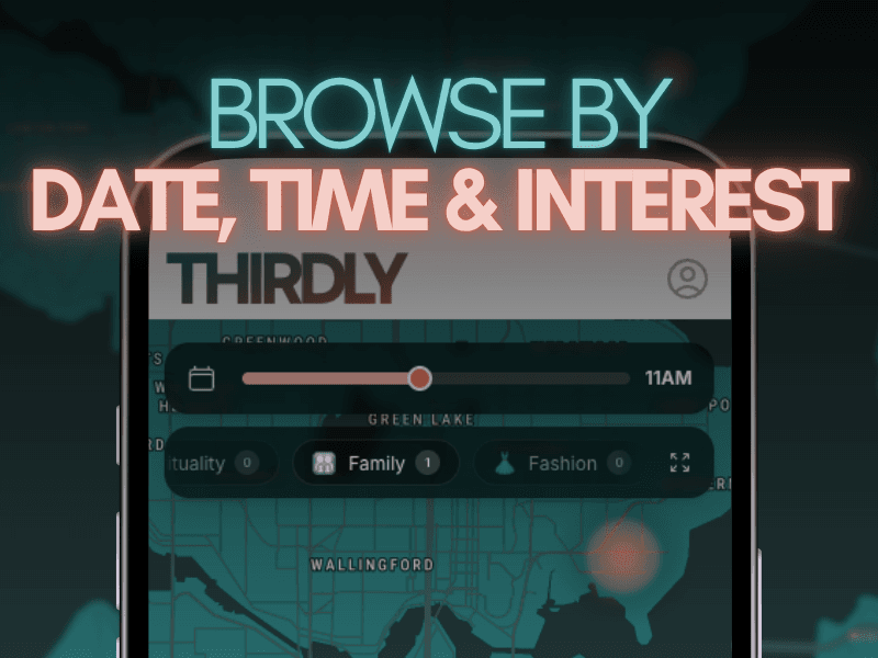 Thirdly app showing browsing by date, time, and interest